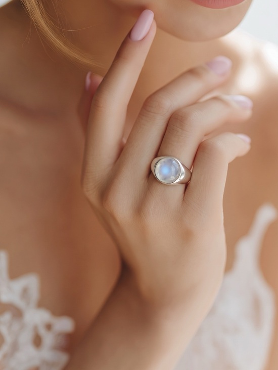925 Sterling Silver Jewelry - 2389-59 925 Sterling Silver Adjustable Moonstone Signet Ring – Chunky Oval Gemst